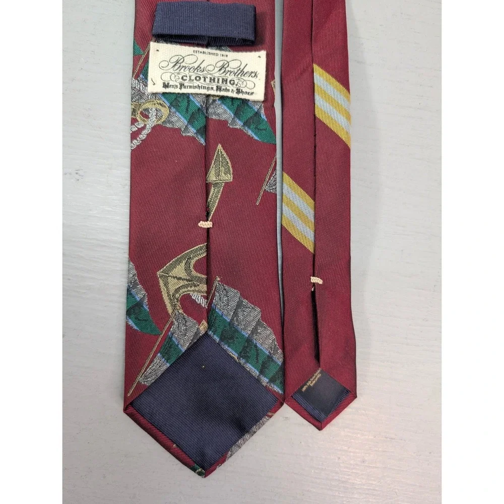 Brooks Brothers Mens Silk Nautical Anchor Flag Neck Tie Burgundy Designer Luxury